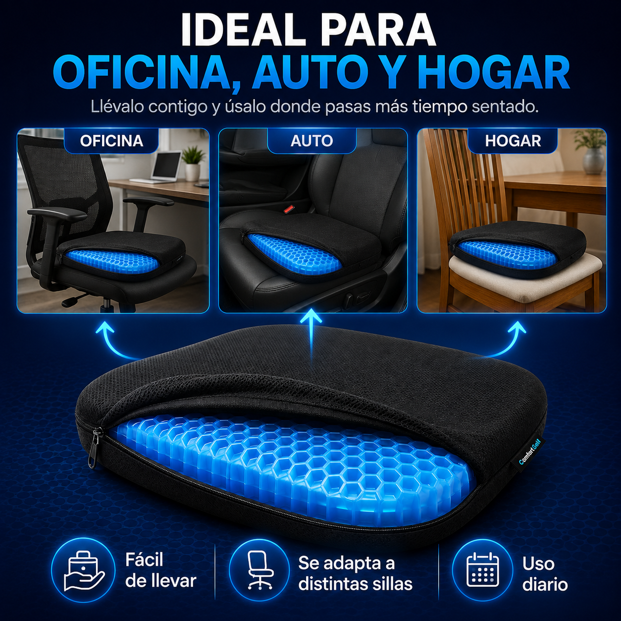 Cojín de Gel Antideslizante para Oficina, Auto y Hogar
